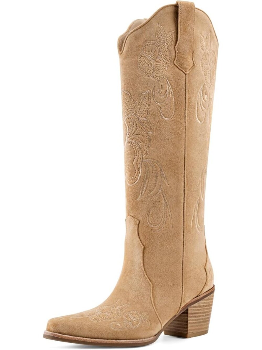 Women Beige Faux Leather Western Pointed Toe Cowboy Cowgirl Chunky Block Heel